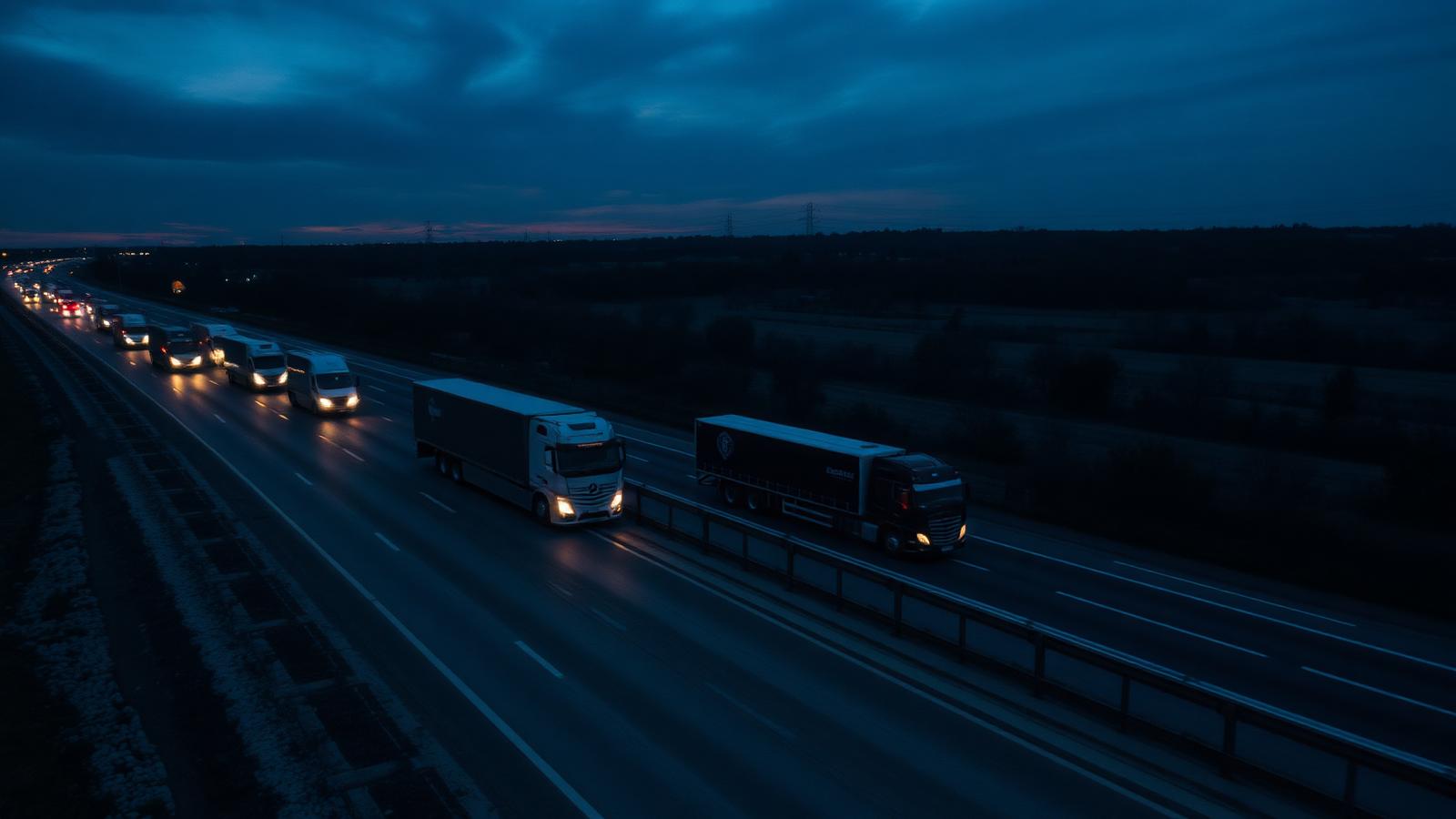 Convoy of freight trucks on a highway at dusk