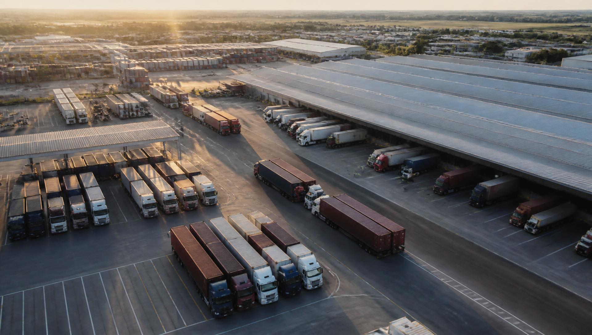 Aerial view of a freight distribution terminal with trucks and containers