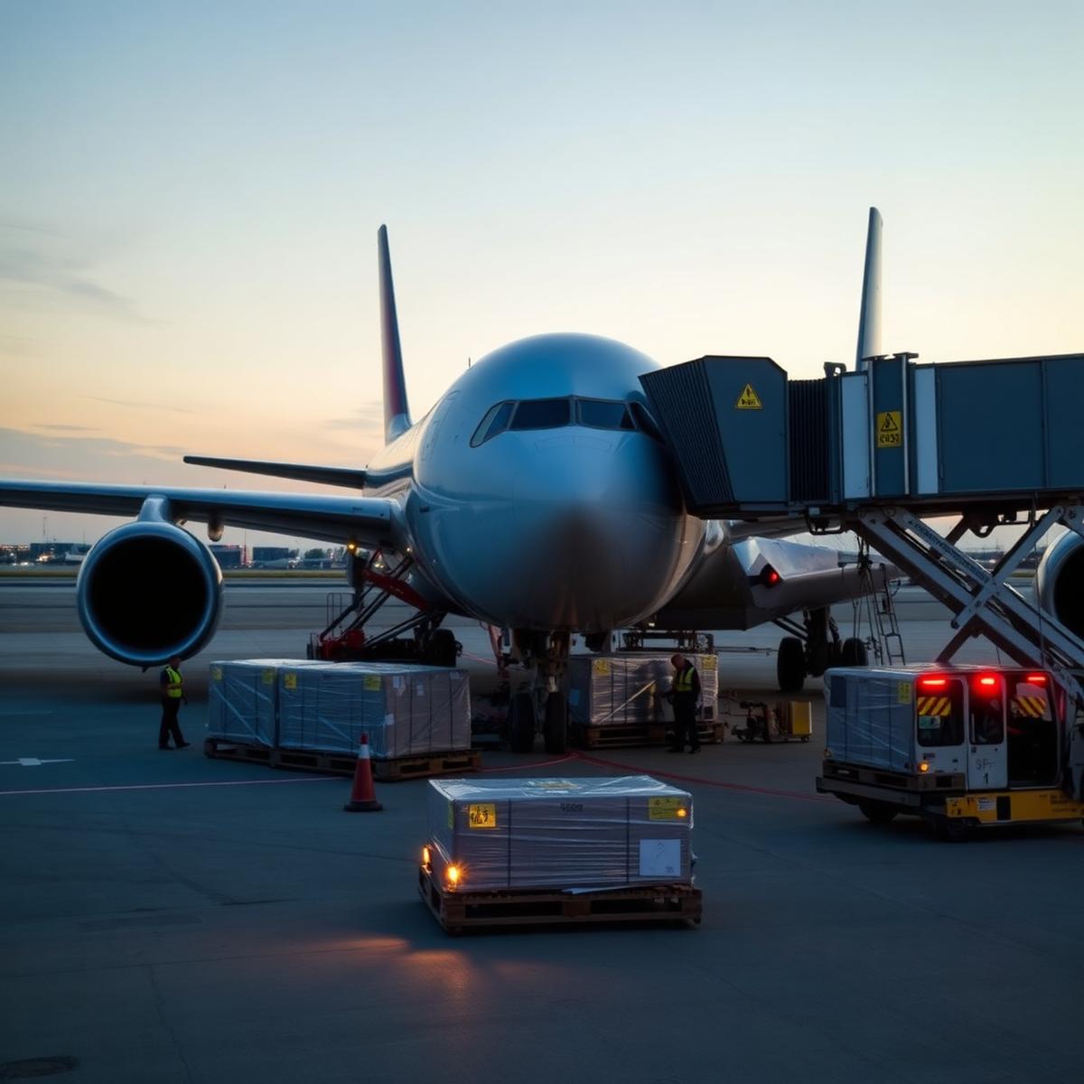 Freight aircraft being loaded with air cargo pallets at dusk