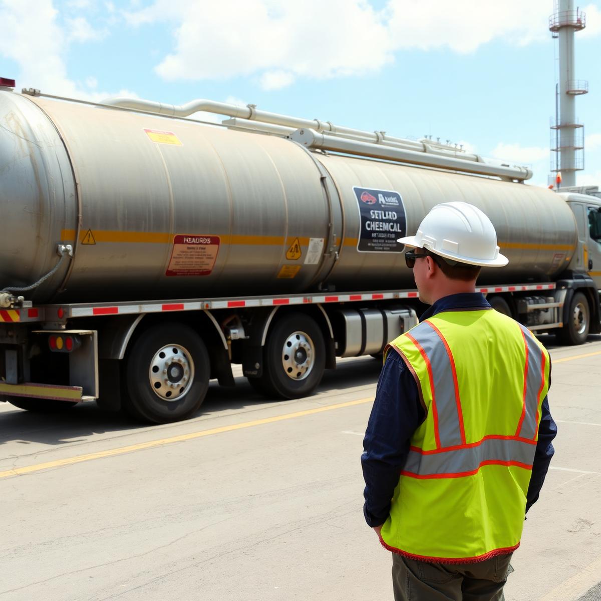 Chemical tanker truck being inspected at an industrial terminal