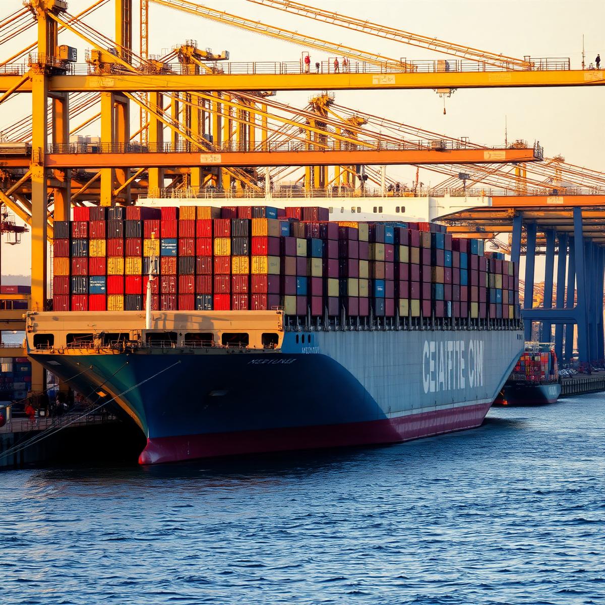 Container ship being loaded by gantry cranes at a busy port