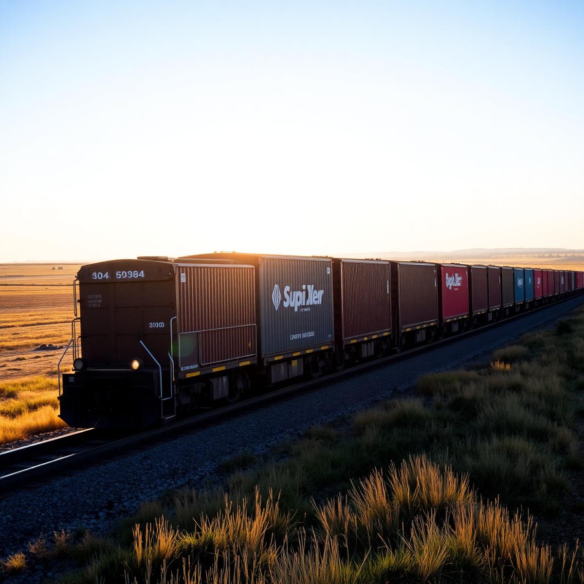 Long freight train carrying containers at sunset