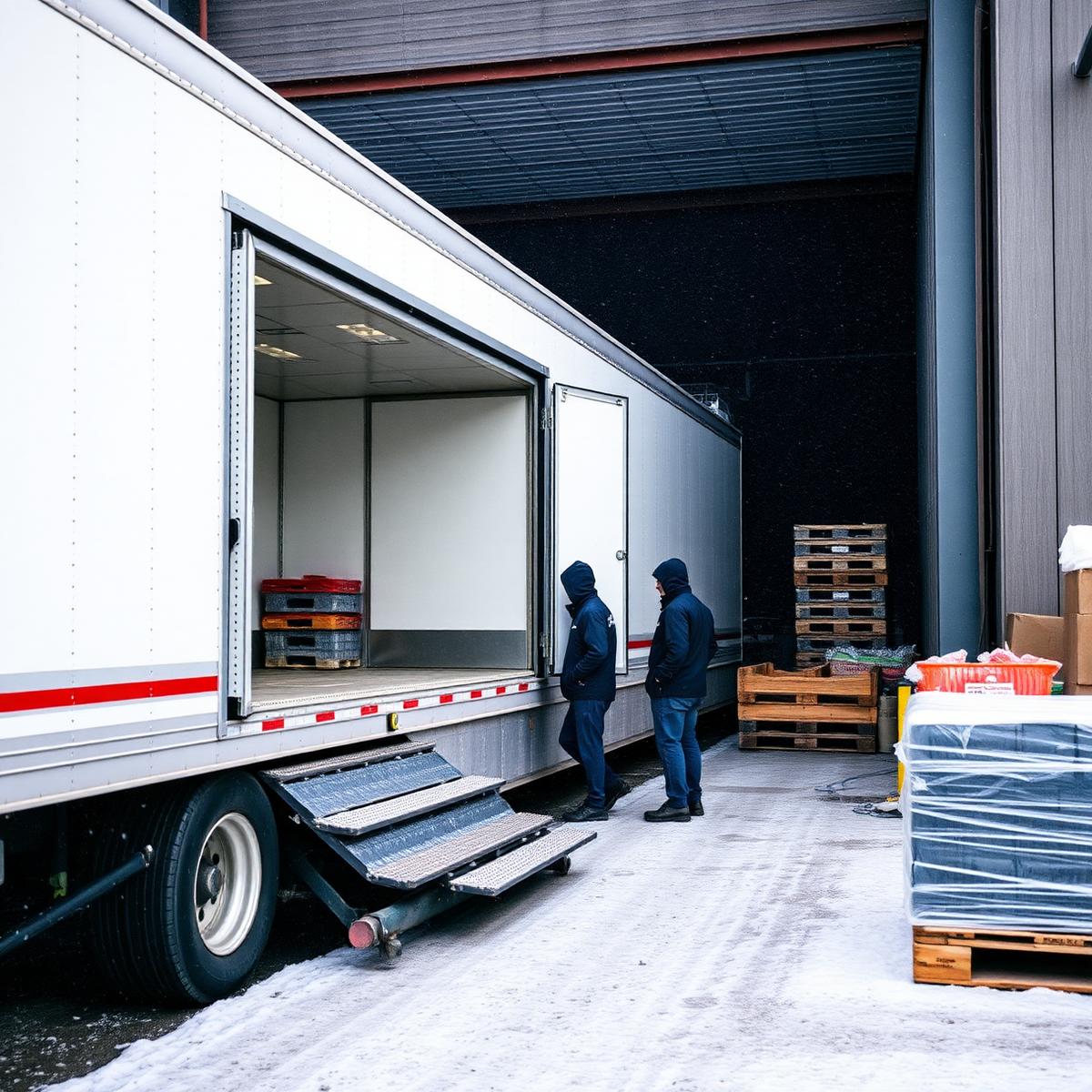 Refrigerated trailer loading chilled pallets at a cold store