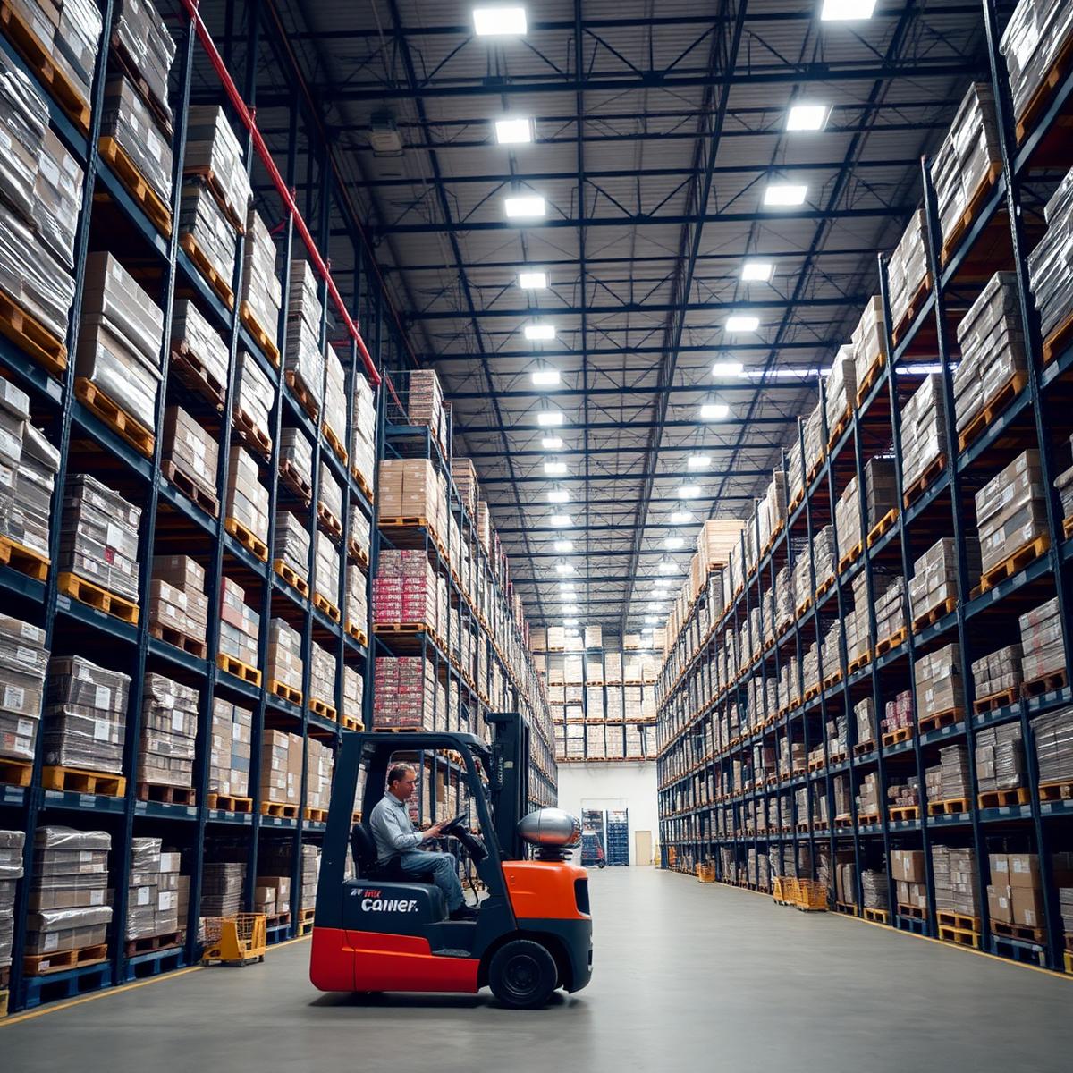 Interior of a large distribution warehouse with tall racking
