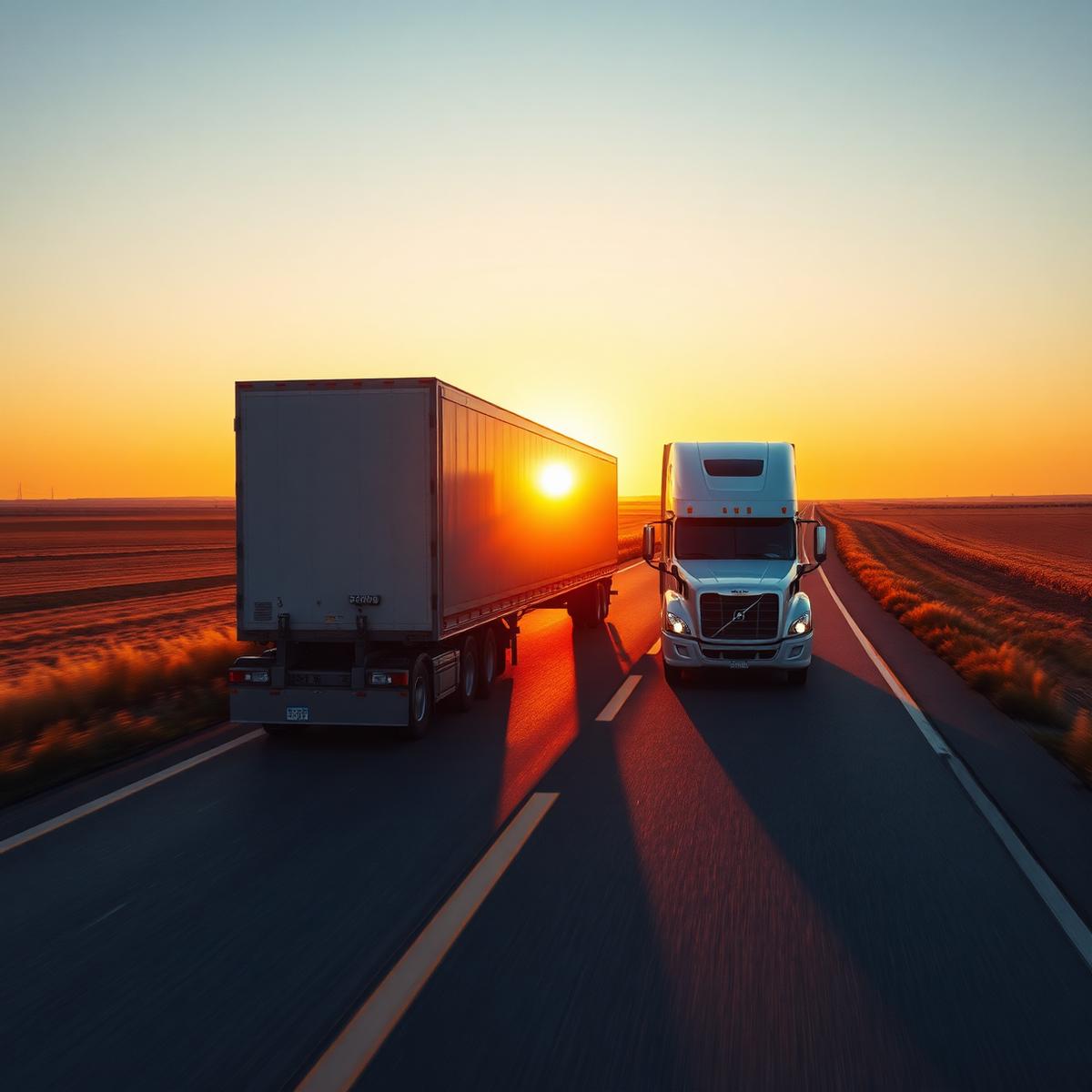Semi truck travelling on an open highway at sunset