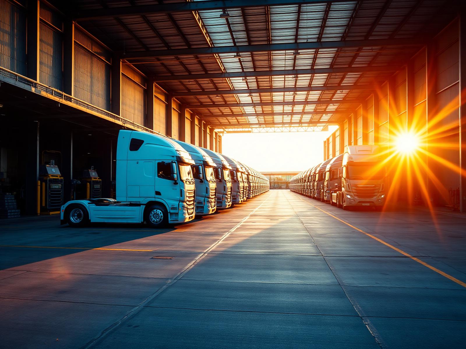 Fleet of freight trucks lined up at a loading dock at golden hour